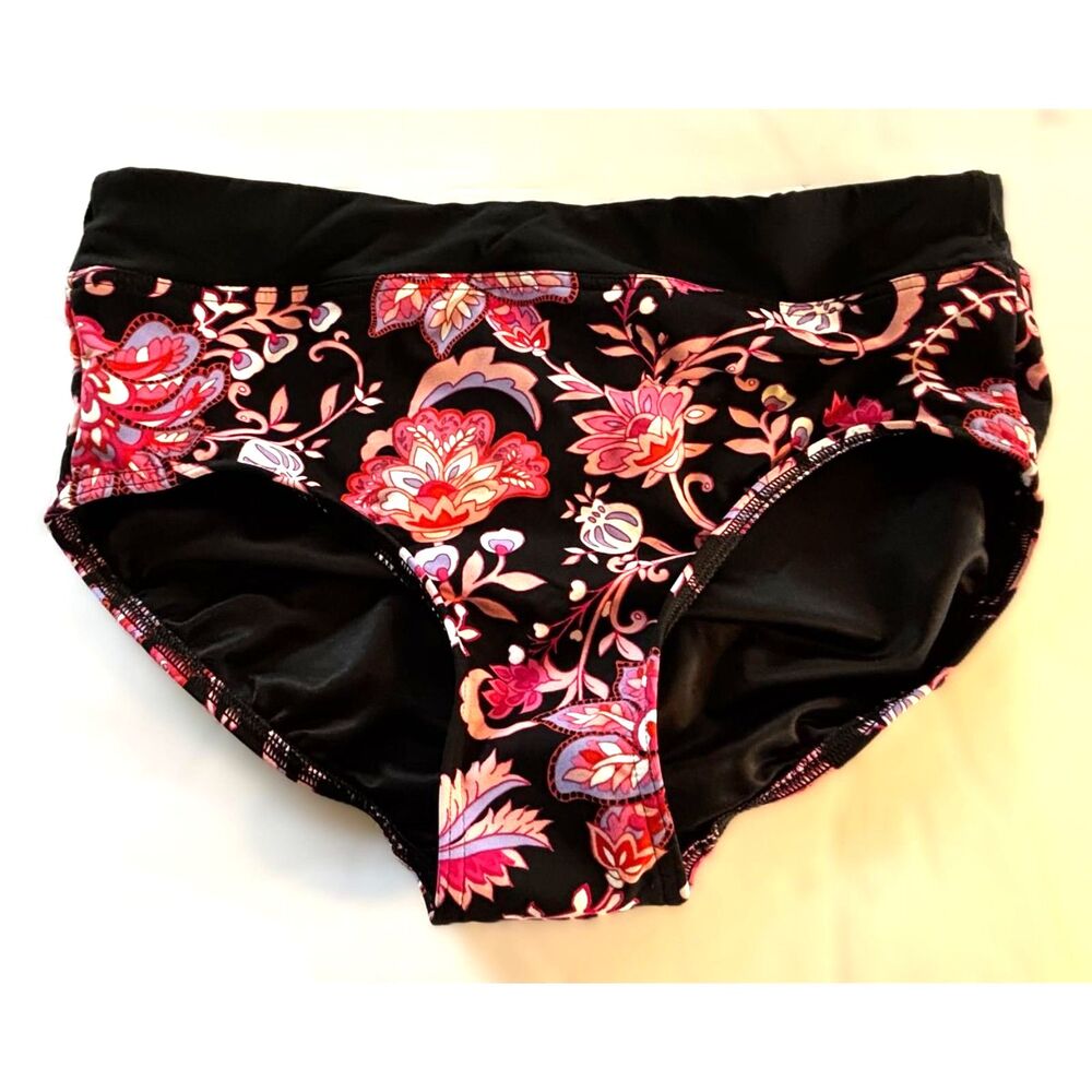 Lands’‎ End Swim Bottom Floral Paisley Black Pink Low Rise Hipster Bottom Size 4